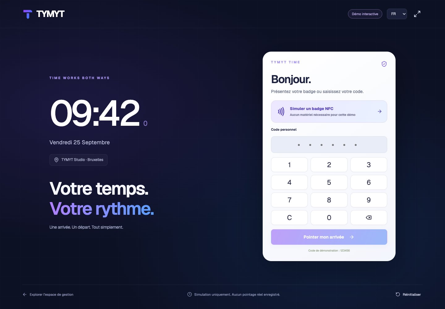 Écran de démonstration du pointage TYMYT avec badge NFC et code personnel